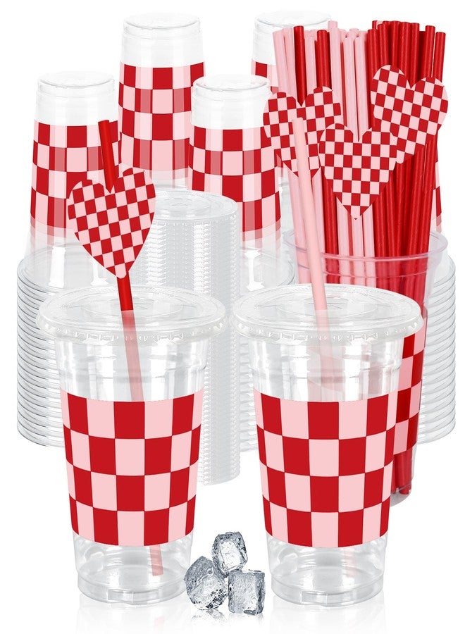 JarThenaAMCS 50Pcs Valentine's Day Plastic Cups with Lids Straws Drinking Cup 12oz Pink Red Checkered Heart Disposable Cups for Wedding Anniversary Valentine Party - Image 1